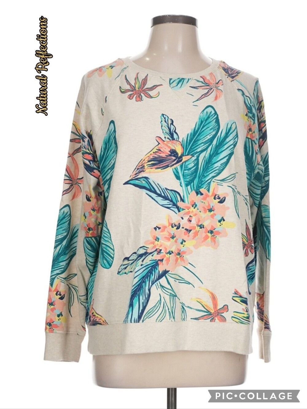Narural Reflections ivory tropical floral crew sweater 100% cotton soft comfy